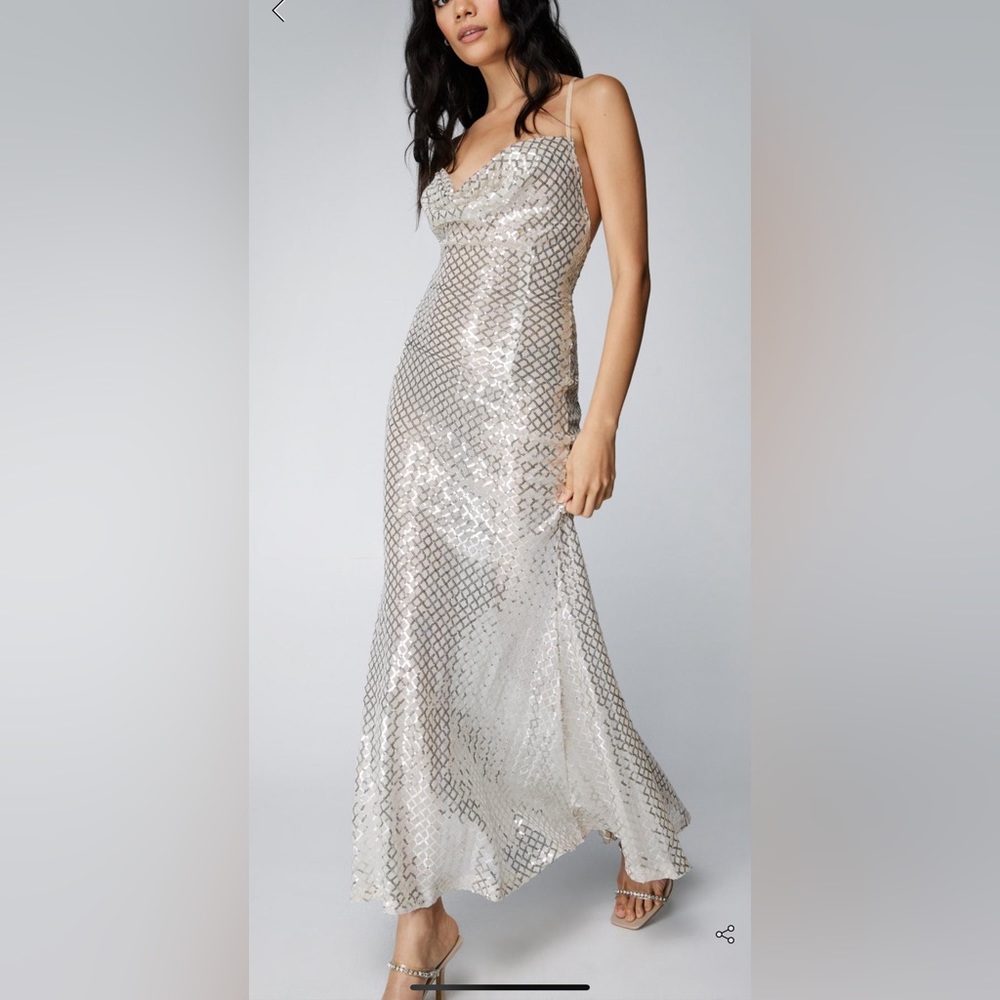 Sheer Sequin Cross Back Maxi Dress | Size 6